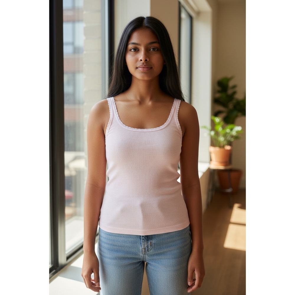 Polo Ralph Lauren Pink Ribbed Tank Top Scalloped Lace Trim Pony Logo NWOT Sz M